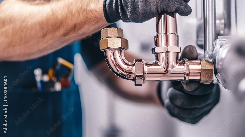 Plumber fitting new pipes in a newly constructed house. Featuring precision and plumbing work Plumber fitting new pipes in a newly constructed house. Featuring precision and plumbing work