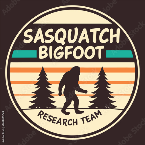 Sasquatch Bigfoot Research Team Retro Striped Badge T-Shirt Design.
