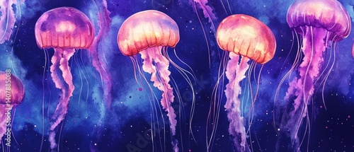 A painting of a group of jellyfish in the ocean