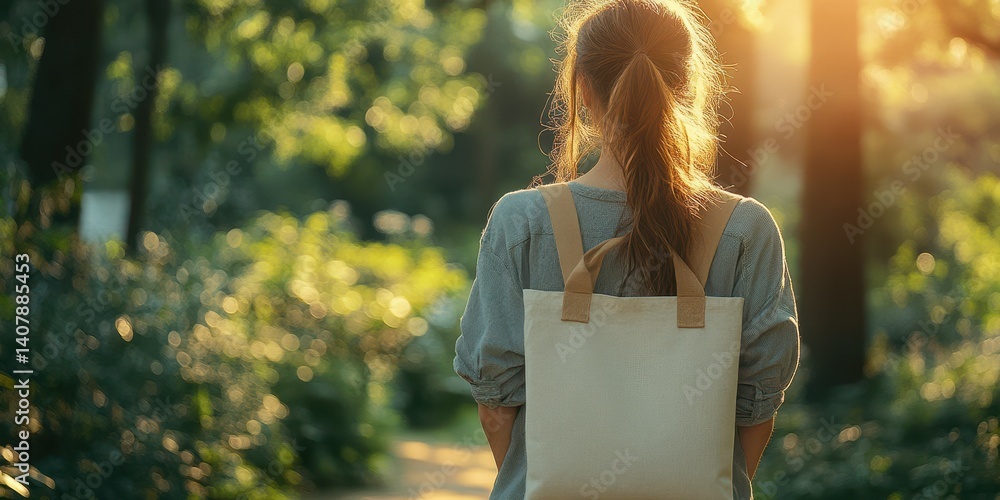 Naklejka premium Woman enjoys a peaceful walk in a sunlit park surrounded by greenery during golden hour
