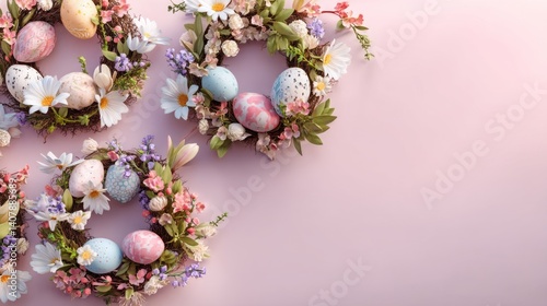 Easter decoration chick ornaments festive banners. Pastel Hues Easter Eggs in Floral Wreath Spring Decorations.
