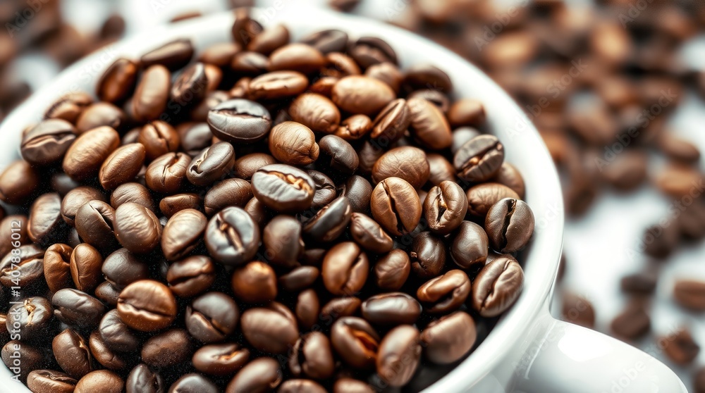 Fototapeta premium Roasted coffee beans in a white cup. Close-up view of coffee beans