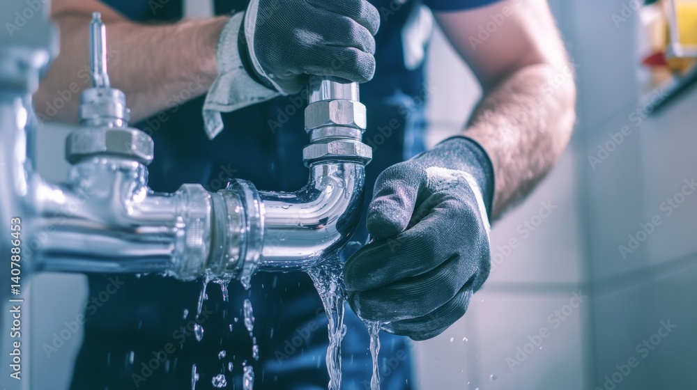 Plumber fixing a leaking pipe in a bathroom. Featuring problem-solving and efficiency Plumber fixing a leaking pipe in a bathroom. Featuring problem-solving and efficiency