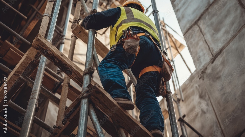 Construction worker adjusting scaffolding at a construction site. Featuring safety and precision Construction worker adjusting scaffolding at a construction site. Featuring safety and precision