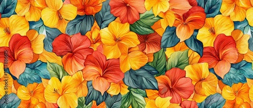 A colorful floral print with a variety of flowers including yellow and orange