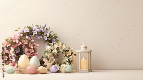 Easter decoration chick ornaments festive banners. Serene Easter Display of Floral Wreaths with Eggs and Candle Lantern Celebrating Spring.