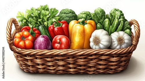 A vibrant basket filled with fresh vegetables including peppers, garlic, and greens