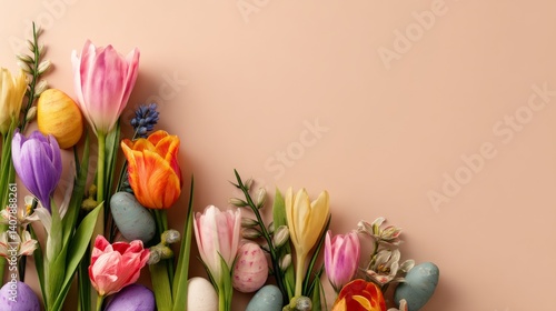 Easter decoration chick ornaments festive banners. Spring Easter Bloom Display of Tulips Crocuses Eggs in Pastel Hues with Soft Light and Smooth Texture.