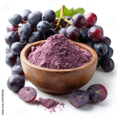 Grapes and powder in bowl still life on white background