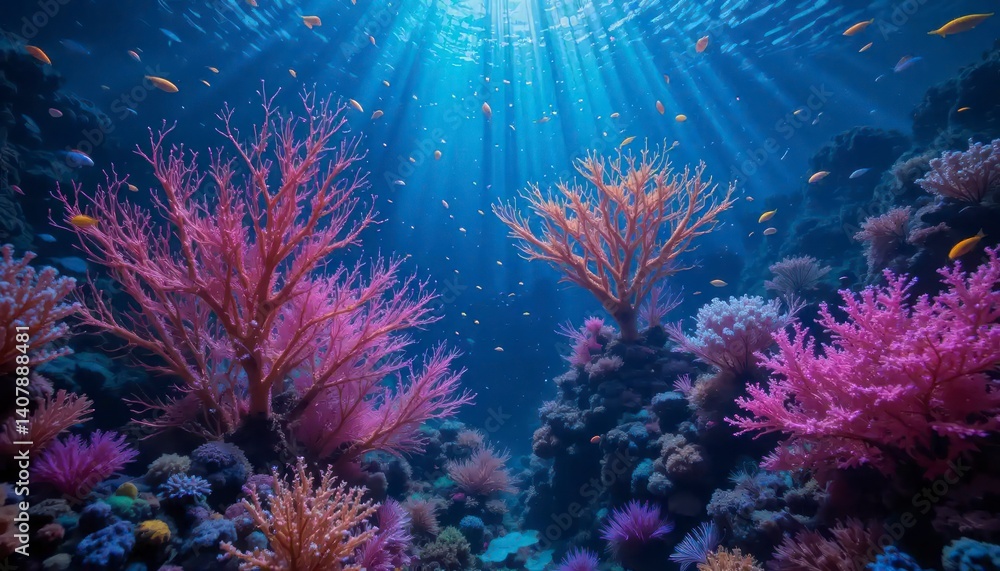 Fototapeta premium Colorful Coral Reef Underwater with Sunlight and Fish Swimming Around