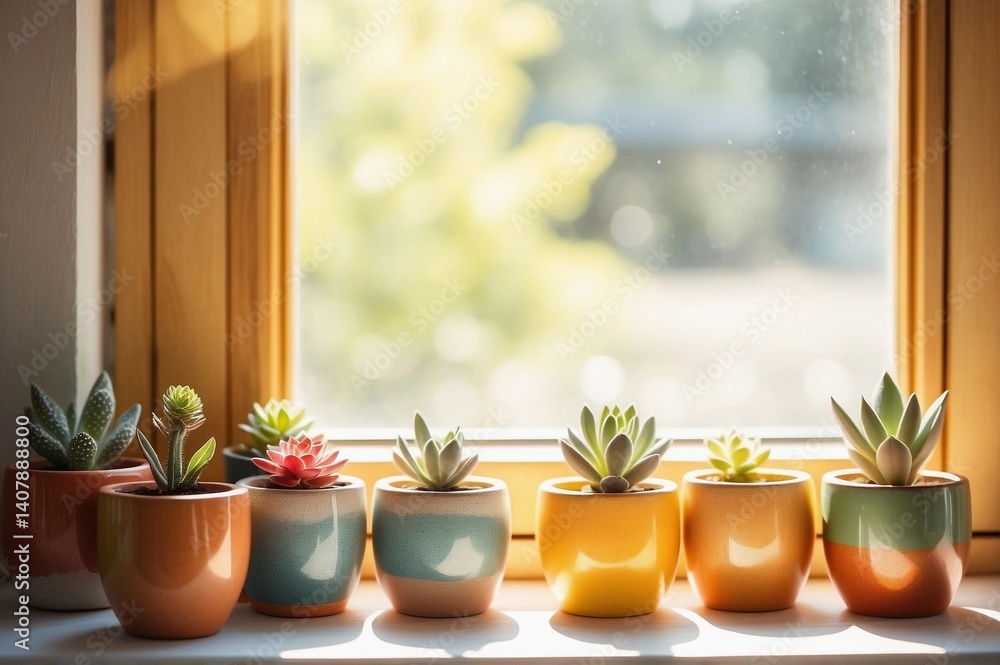 three small succulent plants in colorful containers on a windowsill three small succulent plants in colorful containers on a windowsill