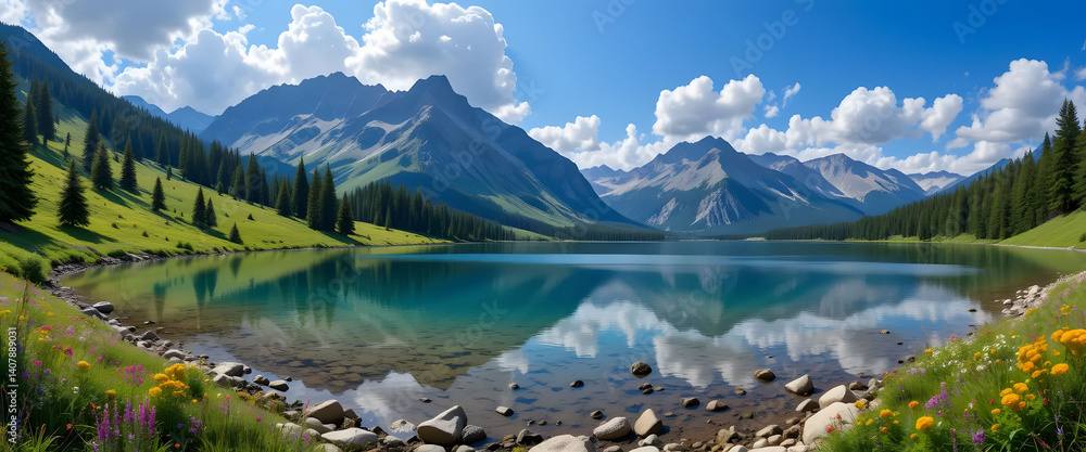 Fototapeta premium A scenic mountain landscape with verdant grass and trees, highlighting the tranquility of the natural environment.