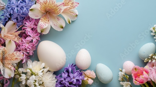 Easter decoration chick ornaments festive banners. Springtime Arrangement with Easter Eggs and Flowers on Light Blue Backdrop for Celebration Decor.