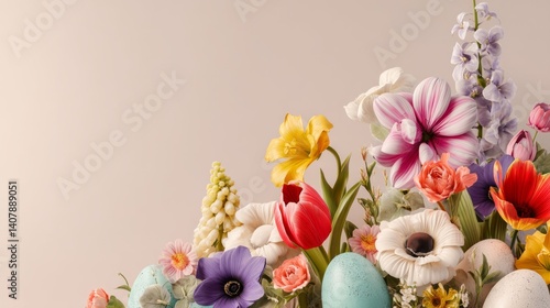 Easter decoration chick ornaments festive banners. Springtime Celebration Elegant Floral Arrangement with Easter Eggs and Blossoms Still Life Design.