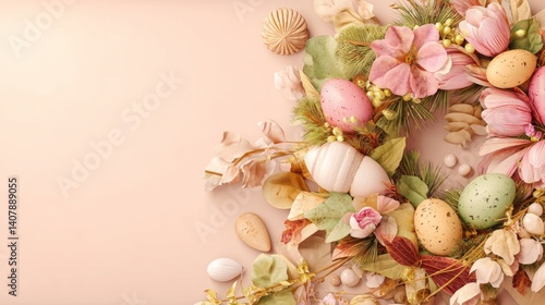 Easter decoration chick ornaments festive banners. Springtime Celebration Pastel Color Easter Eggs and Floral Arrangement Still Life Composition.