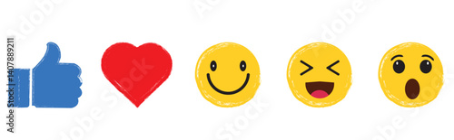 Set of Facebook emoji buttons. Hand drawn grunge brush emoji with Facebook emoji buttons. Facebook Social Reaction Emojis.
