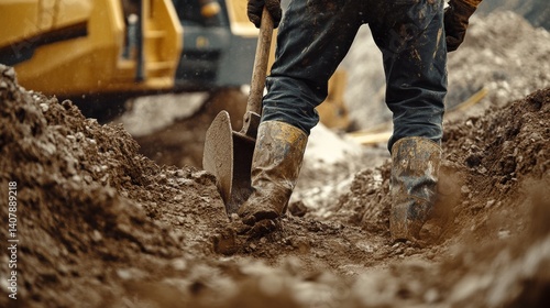 Wallpaper Mural Construction laborer digging a trench on a construction site. Featuring strength and determination Torontodigital.ca