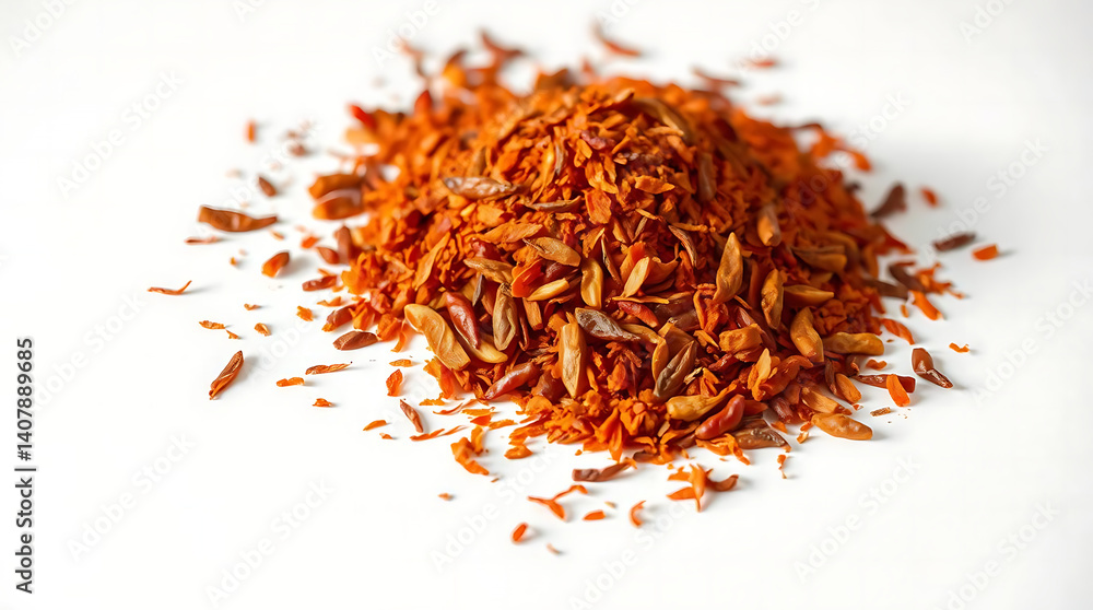 Fototapeta premium A modern flat design illustration of spicy chili red pepper flakes and paprika, isolated on white. The image uses simple, two-dimensional shapes and volumetric lighting with visible light beams t