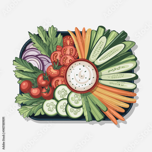 Colorful Crudité Platter with Hummus Dip Center