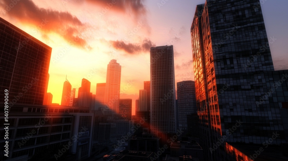 Obraz premium City Sunset Skyline, Urban Sunrise, Skyscrapers, Dramatic Clouds