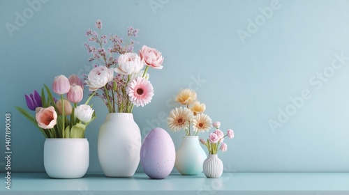 Easter decoration chick ornaments festive banners. Springtime Floral Arrangement with Pastel Egg and Delicate Blossoms for Easter Celebration.