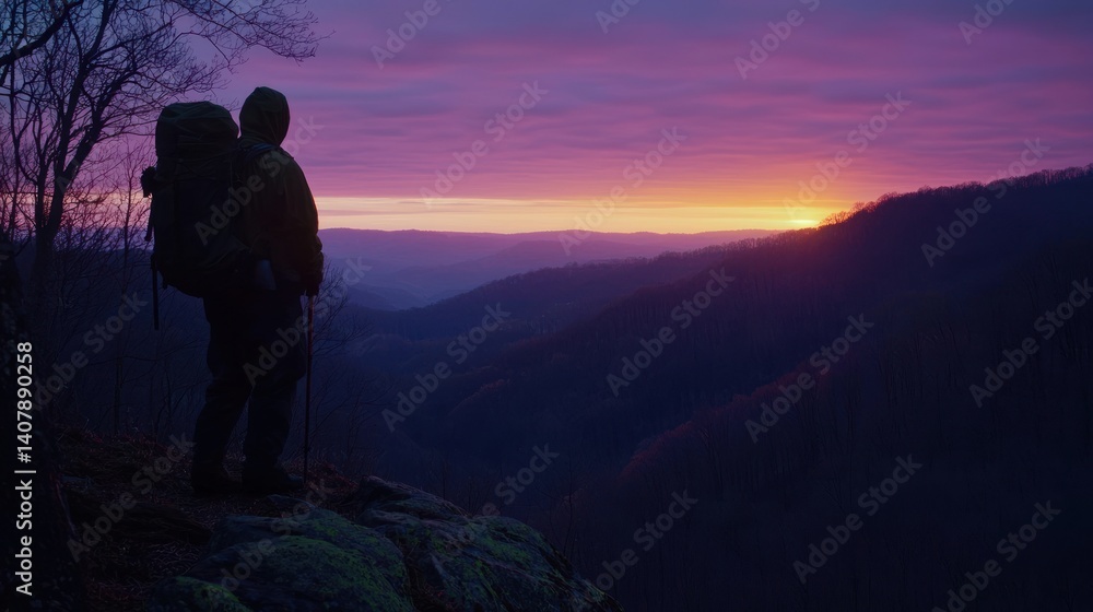 Obraz premium Hiker admires sunrise over mountain range