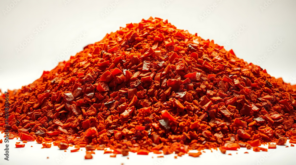Fototapeta premium A modern flat design illustration of spicy chili red pepper flakes and paprika, isolated on white. The image uses simple, two-dimensional shapes and volumetric lighting with visible light beams t