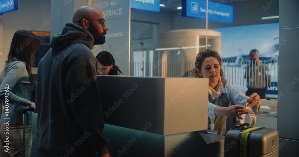 Diverse Passengers at Airport Counter: Female Airline Check-in Attendant Checking Baggage of Man, Putting Barcode Label on Suitcase for Flight. Security Checkpoint in International Airport Terminal. Diverse Passengers at Airport Counter: Female Airline Check-in Attendant Checking Baggage of Man, Putting Barcode Label on Suitcase for Flight. Security Checkpoint in International Airport Terminal.