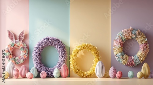 Easter decoration chick ornaments festive banners. Vibrant Easter Holiday Wreaths and Decorative Eggs Against Colorful Background with Spring Theme.