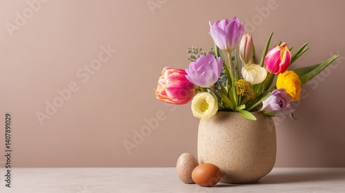 Easter decoration chick ornaments festive banners. Vibrant Tulips Displayed with Speckled Eggs in a Festive Spring Floral Arrangement Decoration.