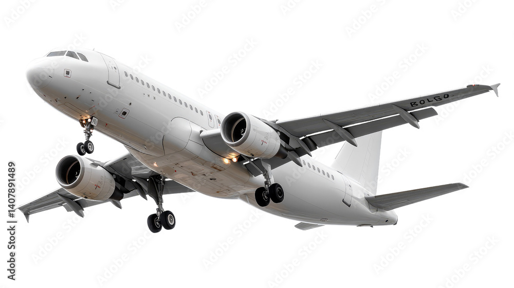 Soaring Above: A sleek, modern passenger airplane takes flight against a clear, bright sky, its polished exterior reflecting the promise of travel and adventure. Soaring Above: A sleek, modern passenger airplane takes flight against a clear, bright sky, its polished exterior reflecting the promise of travel and adventure.