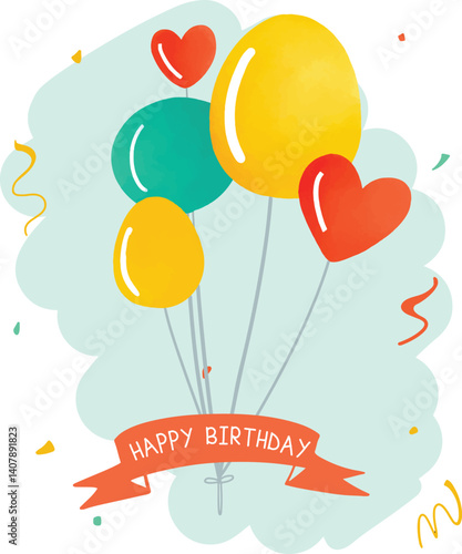 Cute balloon birthday greeting card template in vector colorful style. Love balloons, confetti and red ribbon with text. For party invitation, illustration, card, post card, poster, greetings