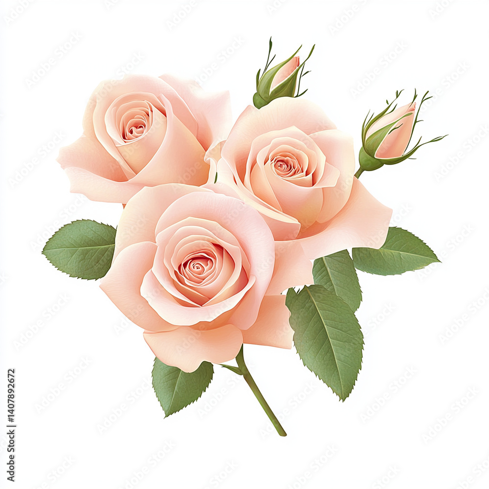 Naklejka premium beautiful bouquet of soft pink roses with green leaves and buds, perfect for expressing love and appreciation. This floral arrangement adds touch of elegance to any occasion