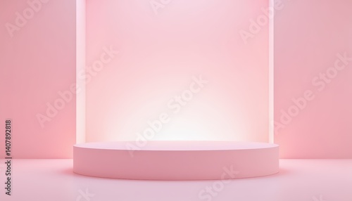 A softly illuminated podium, bathed in a gentle pastel pink hue, stands as a minimalist product presentation stage
