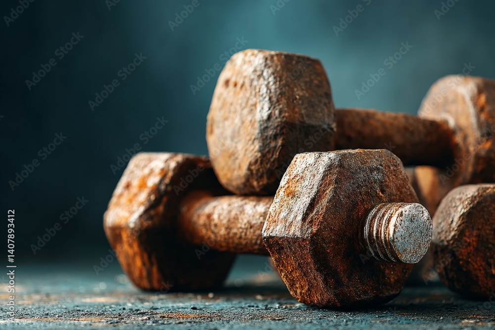 Old rusty dumbbells stacked on a dark surface with a dramatic background highlighting wear and age Old rusty dumbbells stacked on a dark surface with a dramatic background highlighting wear and age