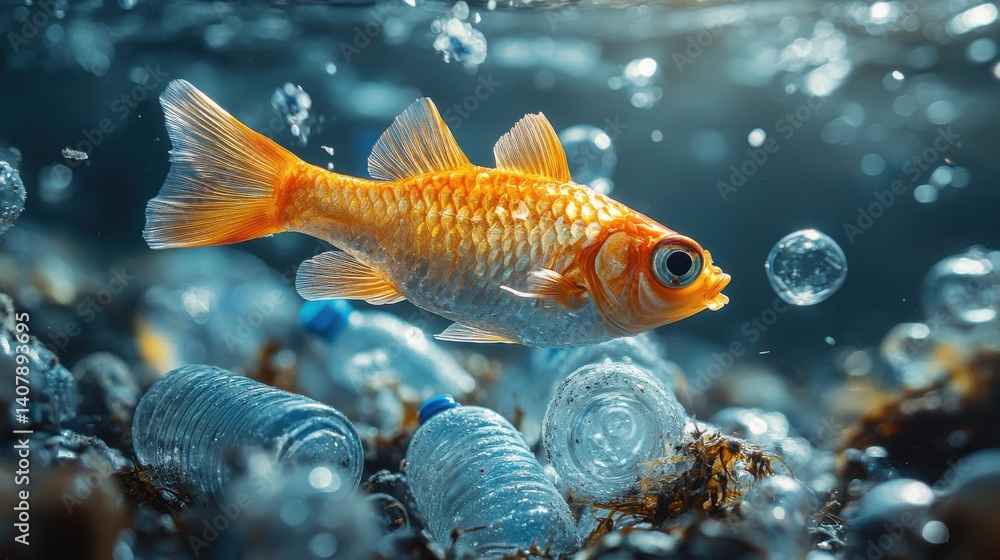 close up of small fish in plastic bottle waste in ocean or river,photo stock close up of small fish in plastic bottle waste in ocean or river,photo stock