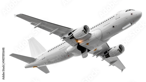 Airplane Taking Off: A commercial airplane is seen taking off, captured in mid-air with its engines blazing, against a plain background.