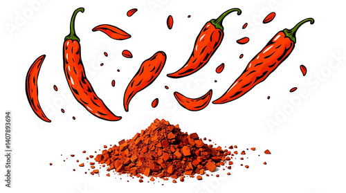 A modern flat design illustration of spicy chili red pepper flakes and paprika, isolated on white.  The image uses simple, two-dimensional shapes and volumetric lighting with visible light beams t