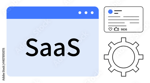 SaaS platform interface, stylized social media post with thumbs ups and comments, gear for automation. Ideal for technology, software, analytics, innovation, marketing, SaaS simple landing page