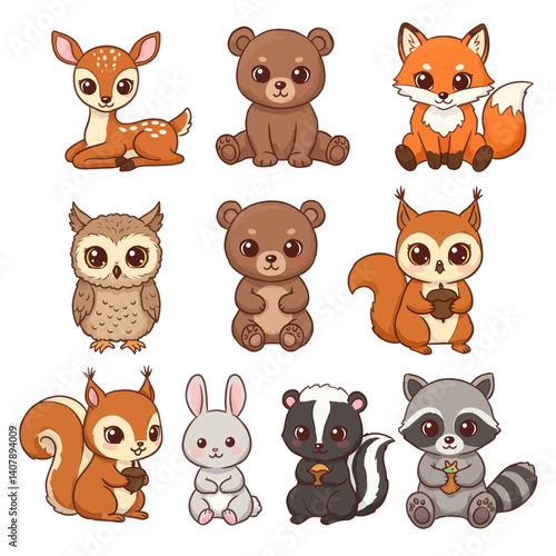 Cute Forest Animals Deer with Bear, Fox, and Owl Cartoon.