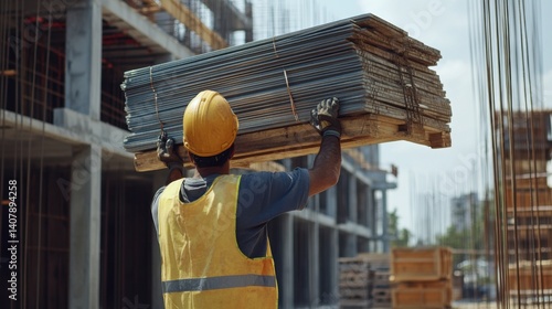 Construction worker carrying a heavy load of materials at a site. Featuring strength and dedication