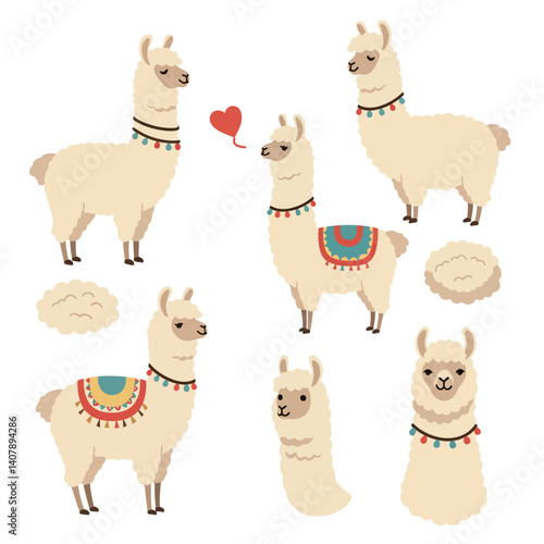 Cute Llama Set Alpaca Vector Illustration.