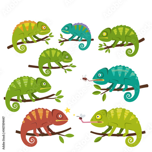 Colorful Chameleon Collection on Branch Vector.