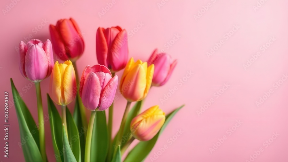 A Delicate Bouquet of Vibrant Pink and Yellow Tulips on a Soft Pink Background A Delicate Bouquet of Vibrant Pink and Yellow Tulips on a Soft Pink Background