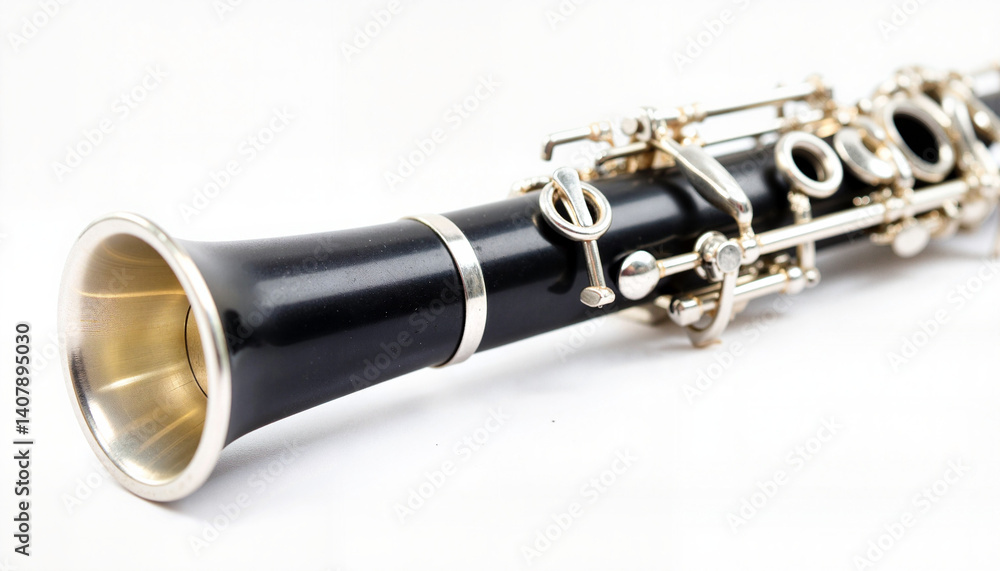 Naklejka premium Close-up of a clarinet with ligature and reed showcasing its elegant details on a white background 