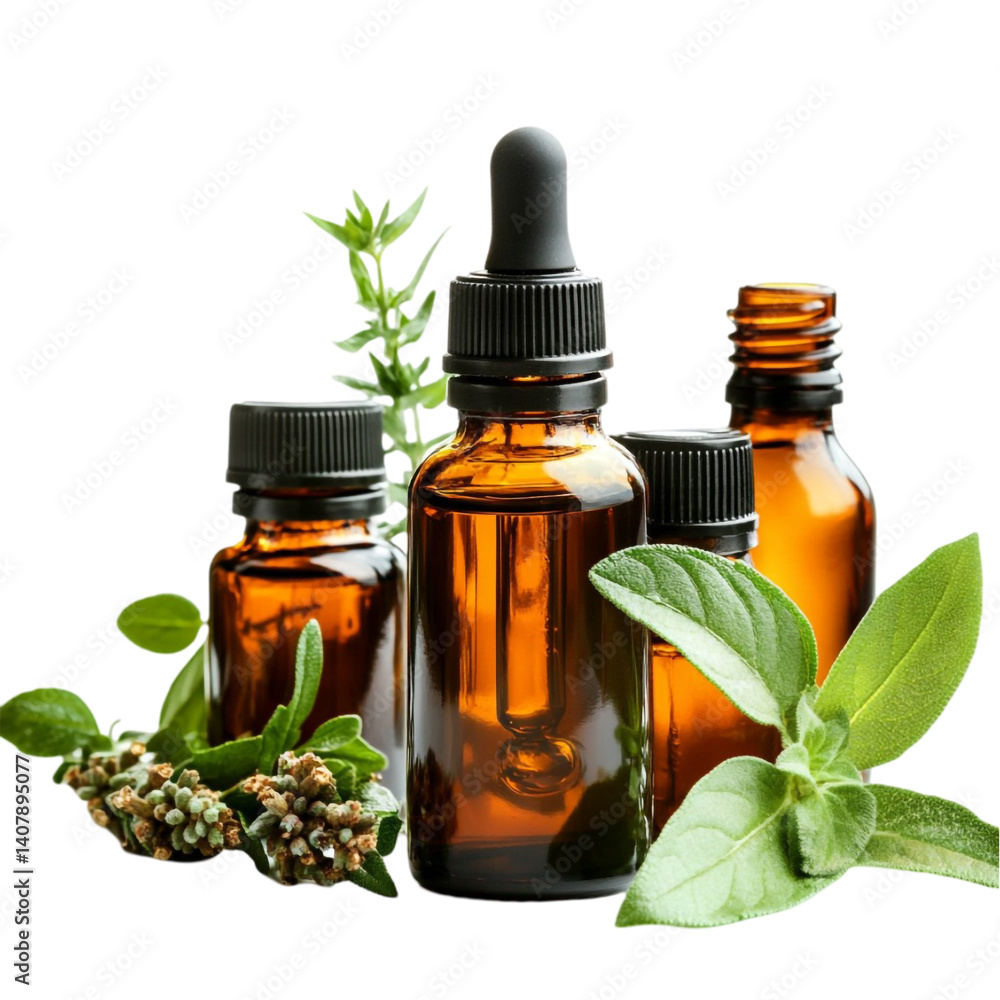 Amber bottles of essential oil surrounded by fresh herbs Amber bottles of essential oil surrounded by fresh herbs