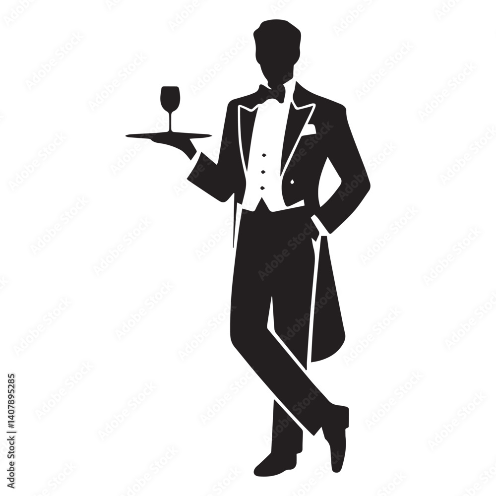 A black and white silhouette of a man in a tuxedo, holding a tray with a single wine glass on it vector illustration A black and white silhouette of a man in a tuxedo, holding a tray with a single wine glass on it vector illustration
