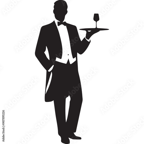 A black and white silhouette of a man in a tuxedo, holding a tray with a single wine glass on it vector illustration 