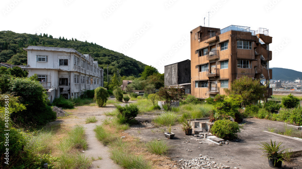 Abandoned Buildings Overgrown with Vegetation: Two derelict buildings, one a vintage structure and the other a multi-story apartment block, stand amidst overgrown vegetation. Abandoned Buildings Overgrown with Vegetation: Two derelict buildings, one a vintage structure and the other a multi-story apartment block, stand amidst overgrown vegetation.