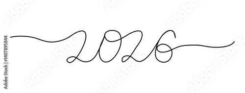 2026 numbers in one line art drawing text. Typography for Happy New Year greeting cards, banner, poster. Handwritten modern black continuous editable stroke lettering.